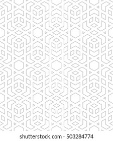 Seamless linear pattern with thin poly lines, polygons and  stars in the traditional Arabic style in light gray tones.