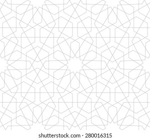 Seamless linear pattern with thin poly-lines, polygons and twelve pointed star in the traditional Arabic style on white background.