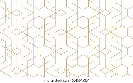 Seamless linear pattern with thin straight golden lines and polygons. Abstract geometric texture. Stylish background. Vector rapport for swatches.