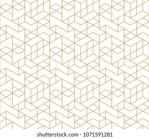 Seamless linear pattern with thin straight golden lines and polygons  on white background. Abstract geometric texture. Stylish background. Vector rapport for swatches.