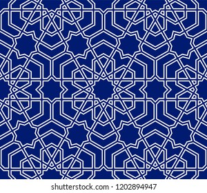 Seamless linear pattern with thin straight lines and polygons on white background. Abstract geometric texture. Stylish background in Arabic style. Vector rapport for swatches.