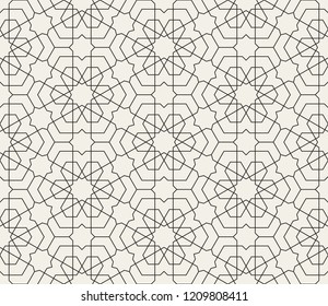 Seamless linear pattern with thin straight lines and polygons on white background. Abstract geometric texture. Stylish background in Arabic style. Vector rapport for swatches.