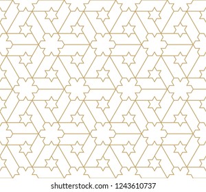 Seamless linear pattern with thin straight lines, stars and polygons. Abstract geometric texture. Stylish background in Arabic style. Vector rapport for swatches.