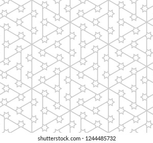 Seamless linear pattern with thin straight lines, stars and polygons in light grey colors. Abstract geometric texture. Stylish background in Arabic style. Vector rapport for swatches.