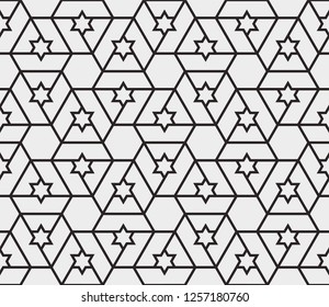 Seamless linear pattern with thin straight lines, stars and polygons. Abstract geometric texture. Stylish background in Arabic style. Vector rapport for swatches.