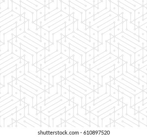 Seamless linear pattern with thin straight lines, rings and polygons. Abstract geometric white texture. Stylish background. Vector rapport for swatches.
