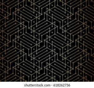 Seamless linear pattern with thin straight lines, rings and polygons. Abstract geometric texture. Stylish background. Vector rapport for swatches.