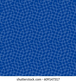 Seamless linear pattern with thin white poly lines and polygons on blue backdrop. Abstract geometric texture. Stylish background.