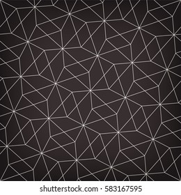 Seamless linear pattern with white lines and polygons on black background. Abstract geometric texture. Vector rapport to fill the backdrop, laser engraving or cutting. 