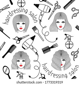 seamless linear pattern of women's hairstyles and Barber tools. the inscription is a hair salon. monochrome linear drawing. stock vector illustration. EPS 10.