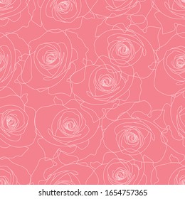 Seamless, linear, pink-white outline of a rose. Design for wallpaper, covers, festive wrapping paper, printed fabric.