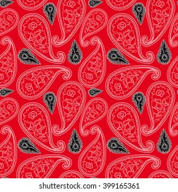 Seamless linear red paisley pattern with hand drawn roses and peacock feathers.