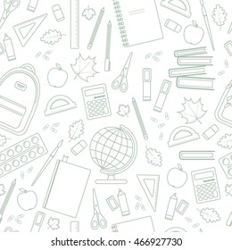Seamless linear school pattern on a white background. Vector stock illustration.