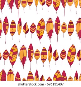 Seamless linear texture with ornamental leaves. Endless hand drawn Autumn colorful pattern. Template for design textile, backgrounds, packages, wrapping paper