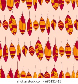 Seamless linear texture with ornamental leaves. Endless hand drawn Autumn colorful pattern. Template for design textile, backgrounds, packages, wrapping paper