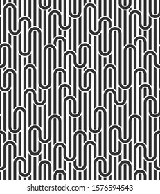 Seamless linear vector geometric minimalistic pattern, abstract lines tiling background, stripy weaving, optical maze, twisted stripes. Black and white design.