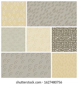 Seamless linear vector geometric minimalistic patterns set, abstract lines tiling backgrounds, stripy weaving, optical maze, twisted stripes.