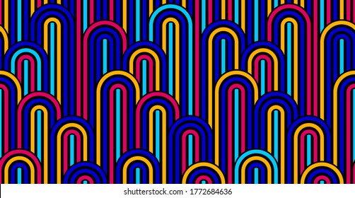 Seamless linear vector geometric minimalistic pattern, abstract lines tiling background, stripy weaving, optical maze, twisted stripes. Colorful design.