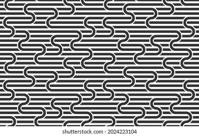 Seamless linear vector geometric minimalistic pattern, abstract lines tiling background, stripy weaving, optical maze, twisted stripes. Black and white design.