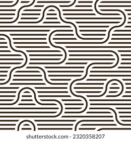 Seamless linear vector geometric minimalistic pattern, abstract lines tiling background, stripy weaving, optical maze, twisted stripes. Black and white design.