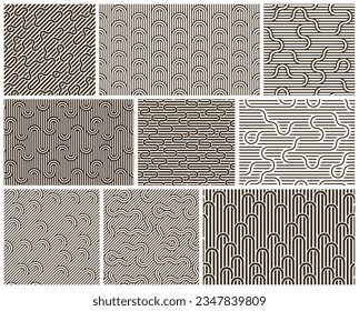 Seamless linear vector geometric minimalistic patterns set, abstract lines tiling backgrounds, stripy weaving, optical maze, twisted stripes.