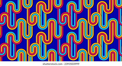 Seamless linear vector geometric minimalistic pattern, abstract lines tiling background, stripy weaving, optical maze, twisted stripes. Colorful design.