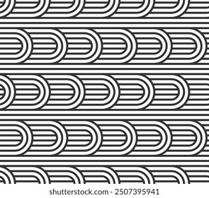 Seamless linear vector geometric minimalistic pattern, abstract lines tiling background, stripy weaving, optical maze, twisted stripes. Black and white design.