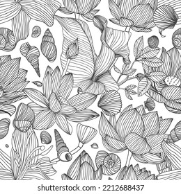 Seamless linear vector pattern of assorted flowers and shells