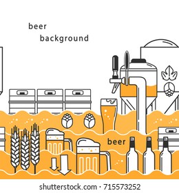 Patrón vectorial lineal sin inconvenientes con cerveza, kegs, trigo, lúpulo, botellas, barrita de cerveza, taza, con espacio para texto sobre fondo blanco.