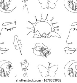 Seamless lineart pattern. Continuous line, illustration, black and white modern background