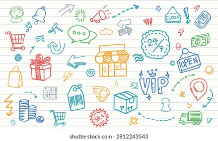 A seamless lined paper background with VIP priority delivery service, twenty four seven support, and smart cashless store doodles.