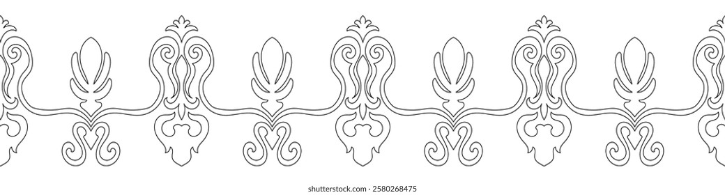 Seamless lines of black abstract flower border on white.