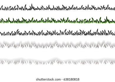 Seamless lines of grass. Hand drawing set of doodle grass borders. Sketch, paper cutting, shadows. Vector file. EPS 10.