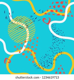 Seamless lines, stripes, dots, shapes and brush strokes pattern.  Modern hand painted, curve shapes, dots. Bright seamless pattern with splashes of paint. Art for fabric, textile, fashion, print. 