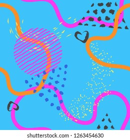 Seamless lines, stripes, dots, shapes and brush strokes pattern.  Modern hand painted, curve shapes, dots. Bright grunge minimalistic seamless pattern. Vector illustration.