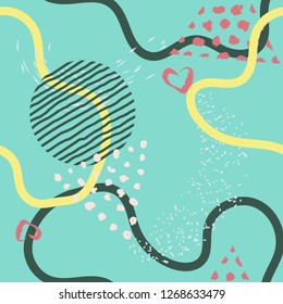 Seamless lines, stripes, dots, shapes and brush strokes pattern.  Abstract Painted texture with ink splatter. Bright grunge minimalistic seamless pattern. Hand painted brush strokes.