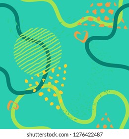 Seamless lines, stripes, dots, shapes and brush strokes pattern.  Modern hand painted, curve shapes, dots. Bright seamless pattern with splashes of paint. Art for fabric, textile, fashion, print. 