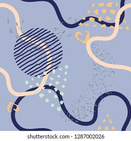 Seamless lines, stripes, dots, shapes and brush strokes pattern.  Modern hand painted, curve shapes, dots. Bright grunge minimalistic seamless pattern. Vector illustration.