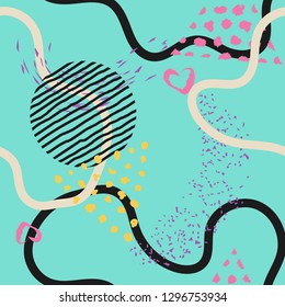 Seamless lines, stripes, dots, shapes and brush strokes pattern.  Abstract Painted texture with ink splatter. Bright grunge minimalistic seamless pattern. Vector illustration.