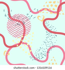 Seamless lines, stripes, dots, shapes and brush strokes pattern.  Abstract Painted texture with ink splatter. Bright grunge minimalistic seamless pattern. Vector illustration.