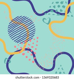 Seamless lines, stripes, dots, shapes and brush strokes pattern.  Modern hand painted, curve shapes, dots. Bright seamless pattern with splashes of paint. Vector illustration.