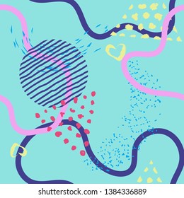 Seamless lines, stripes, dots, shapes and brush strokes pattern.  Modern hand painted, curve shapes, dots. Bright grunge minimalistic seamless pattern. Art for fabric, textile, fashion, print. 