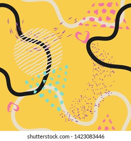 Seamless lines, stripes, dots, shapes and brush strokes pattern.  Abstract Painted texture with ink splatter. Bright seamless pattern with splashes of paint. Hand painted brush strokes.