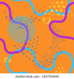 Seamless lines, stripes, dots, shapes and brush strokes pattern.  Abstract Painted texture with ink splatter. Bright grunge minimalistic seamless pattern. Vector illustration.