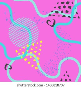 Seamless lines, stripes, dots, shapes and brush strokes pattern.  Abstract Painted texture with ink splatter. Bright seamless pattern with splashes of paint. Art for fabric, textile, fashion, print. 