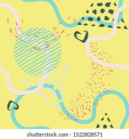 Seamless lines, stripes, dots, shapes and brush strokes pattern.  Modern hand painted, curve shapes, dots. Bright seamless pattern with splashes of paint. Art for fabric, textile, fashion, print. 
