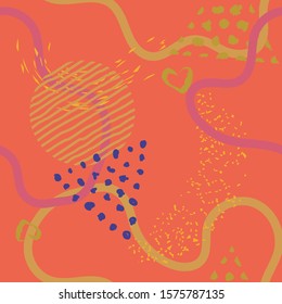 Seamless lines, stripes, dots, shapes and brush strokes pattern.  Abstract Painted texture with ink splatter. Bright grunge minimalistic seamless pattern. Art for fabric, textile, fashion, print. 
