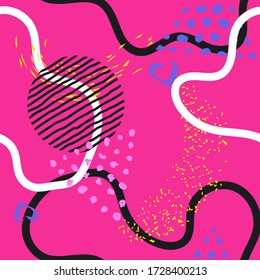 Seamless lines, stripes, dots, shapes and brush strokes pattern.  Abstract Painted texture with ink splatter. Bright seamless pattern with splashes of paint. Vector illustration.