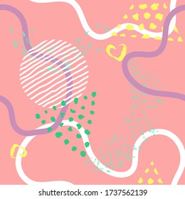 Seamless lines, stripes, dots, shapes and brush strokes pattern.  Abstract Painted texture with ink splatter. Bright grunge minimalistic seamless pattern. Vector illustration.