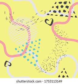 Seamless lines, stripes, dots, shapes and brush strokes pattern.  Abstract Painted texture with ink splatter. Bright seamless pattern with splashes of paint. Hand painted brush strokes.